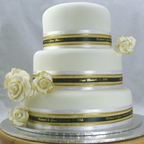 Wedding Cake Gold Trimmed Roses and Ribbon (D)